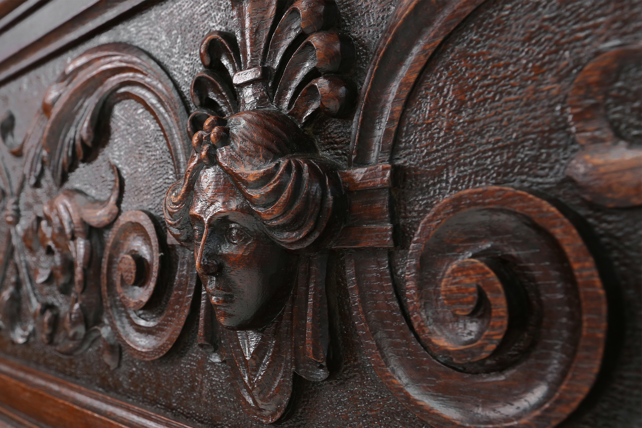 Richly decorated antique fireplace in oak, Belgium ca. 1920thumbnail